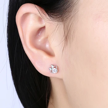 SILVERHOO Søde Sløjfeknude koreanske Øreringe til kvinder i Ægte Sterling Sølv 925 Smykker Runde Skinnende Cubic Zirconia Øreringe Ørestikker