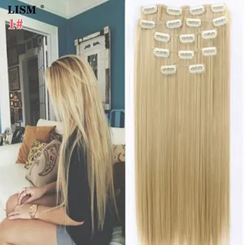 Klip i Hair Extensions Nye Kvinder Mode 24 inches 60CM Krøllet Sort Brun Blonde Paryk Naturlige Lige Bølget Syntetiske Parykker
