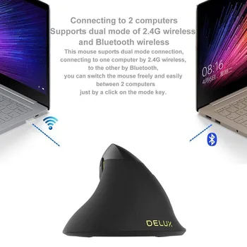 Delux M618 Mini Bluetooth-2,4 G Dual-Mode Vertical Mouse Ergonomisk Trådløse Genopladelige Power med Håndled Hvile musemåtte Kit