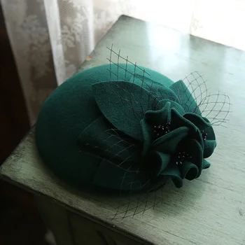 Vintage Ren Uld Fedora Cap Kvinder Mesh Blomst Hat, Hue, Elegante Damer Efterår Pillbox Hat
