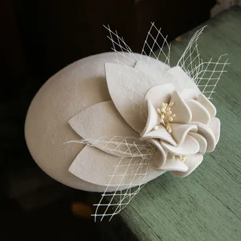Vintage Ren Uld Fedora Cap Kvinder Mesh Blomst Hat, Hue, Elegante Damer Efterår Pillbox Hat