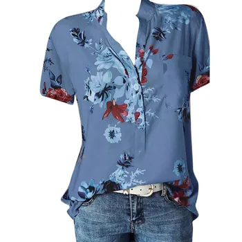 V Hals Bluse Kvinder Udskrivning Pocket Plus Size Kortærmet Bluse Let Top Kvinder Klud Roupas Feminina Casual Tøj