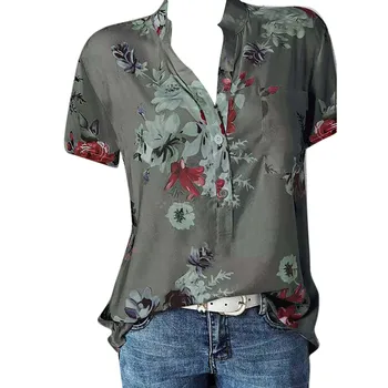 V Hals Bluse Kvinder Udskrivning Pocket Plus Size Kortærmet Bluse Let Top Kvinder Klud Roupas Feminina Casual Tøj