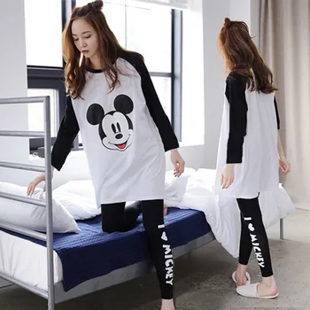 Mickey mouse Foråret efteråret langærmet pyjamas dame undertøj nightgowns tegnefilm suit female hjem tøj nattøj