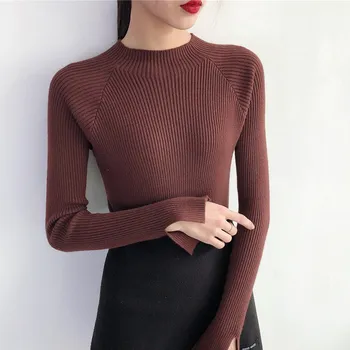 Til salg 2019 foråret Kvinder, damer sweater høj elastisk Solid halvdelen Turtleneck sweater kvinder slank casual stramme Strikkede Pullovers