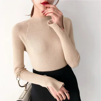 Til salg 2019 foråret Kvinder, damer sweater høj elastisk Solid halvdelen Turtleneck sweater kvinder slank casual stramme Strikkede Pullovers
