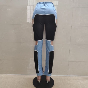 Sexet Rippet Patchwork Skinny Jeans for Kvinder med Høj Talje Hule Lynlås Denim Bukser Plus Size Sommeren Streetwear Jeans Lommer 17406