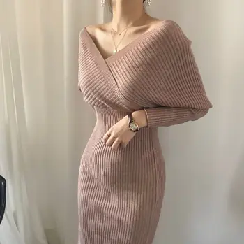 Ny 2020-Efterår Vinter Sweater Dress Kvinder Khaki Pink Sort Knælang Rib Strik Langærmet V-Neck Sexy Kjoler Kvindelige