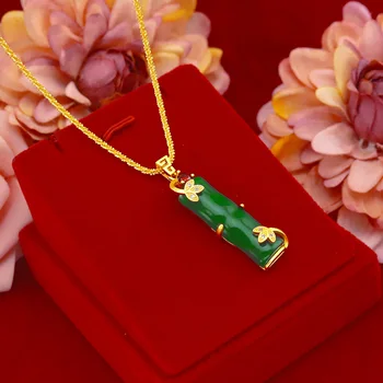 Mode 14k Guld Halskæde Vedhæng Uden Kæde Kvinder, Fødselsdag, Gave, Bambus Vedhæng Sten Grønne Smaragd Jade Gemstone Smykker Kvindelige