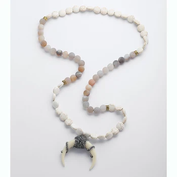 Mode Boheme Tribal Smykker Håndværker Fladskærms Hvid S Druzy Crystal Ox Horn Moon Halskæde