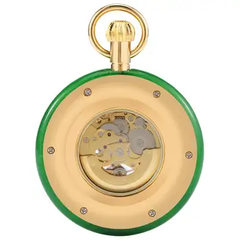 Fantastisk Jade Golden Automatiske Mekaniske lommeur selvoptrækkende Ur Skelet Skive FOB Kæde Luksus reloj med Slange Kæde 17507