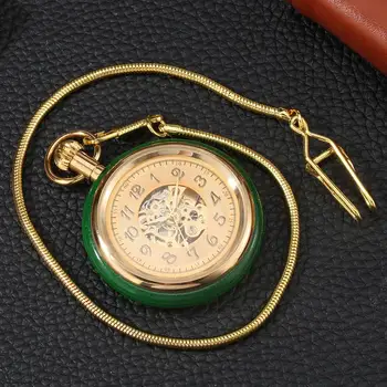 Fantastisk Jade Golden Automatiske Mekaniske lommeur selvoptrækkende Ur Skelet Skive FOB Kæde Luksus reloj med Slange Kæde