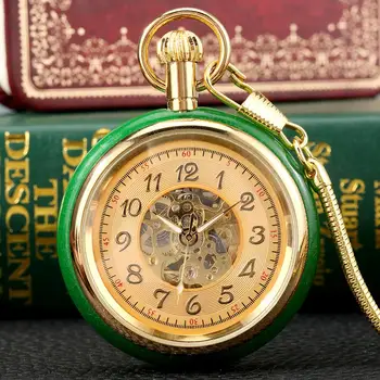 Fantastisk Jade Golden Automatiske Mekaniske lommeur selvoptrækkende Ur Skelet Skive FOB Kæde Luksus reloj med Slange Kæde
