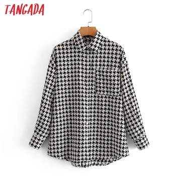 Tangada Kvinder Overdimensionerede Houndstooth Print-Shirt med Lange Ærmer Smarte Kvindelige Casual Løs Skjorte 3A110