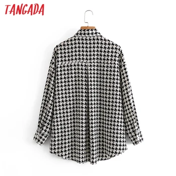 Tangada Kvinder Overdimensionerede Houndstooth Print-Shirt med Lange Ærmer Smarte Kvindelige Casual Løs Skjorte 3A110