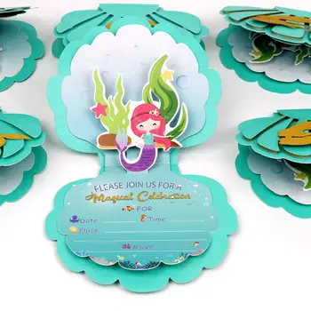 OurWarm 12pcs Havfrue Invitationer 3D Perlemors Havfrue med Kuverter for Kids Fødselsdag Bryllup Tema Part Forsyninger