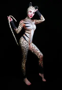 Halloween Bar Club Party Cosplay Kostume Leopard Mønster Maskeret Buksedragt Kvinder Kat Rolle Performance Tøj Tights Fase Bære