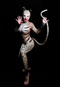 Halloween Bar Club Party Cosplay Kostume Leopard Mønster Maskeret Buksedragt Kvinder Kat Rolle Performance Tøj Tights Fase Bære