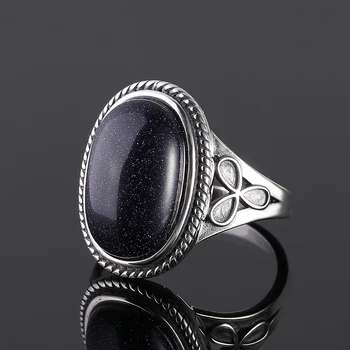 Blå Sandsten Ringe til Kvinder Sterling Sølv 925 Smykker, Vintage Ringe Med 11x17MM Stor Oval Ædelsten Engros Gaver
