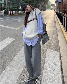 Sweater vest kvinder trøjer nye prep-toppe Harajuku oversize strik i Ét stykke efteråret nye retro casual enkle stil mønster stabling