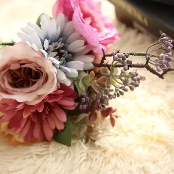 Kunstig Blomst til Fest, Bryllup Steg Afrikanske Chrysanthemum Hydrang Brudepige Brudebuket Latex Falske Hyrangea Blomster