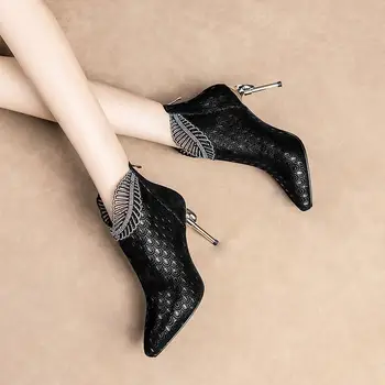 Nye Læder Sexet Platform højhælede Støvler til Kvinder for Tynde Hæle Korte Støvler Kvinders Enkelt Støvler Crystal Ankel Støvler Kvinder