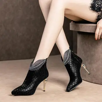 Nye Læder Sexet Platform højhælede Støvler til Kvinder for Tynde Hæle Korte Støvler Kvinders Enkelt Støvler Crystal Ankel Støvler Kvinder