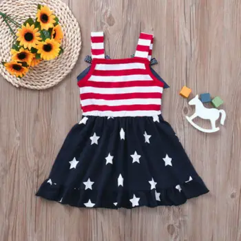 4 juli Toddler Baby Pige Kjole Amerikanske Flag Stars Stribet Sommer Sundress Amerikanske Flag Stars Stribet Swing Sundress