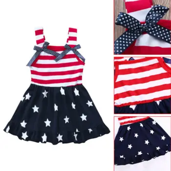 4 juli Toddler Baby Pige Kjole Amerikanske Flag Stars Stribet Sommer Sundress Amerikanske Flag Stars Stribet Swing Sundress