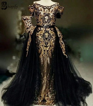 Lange Sparkly Elegant Kjole Til Aften I 2020 Havfrue Cap Ærmet To Stykke Guld Paillet Afrikanske Aftagelig Sort Formelle Aften Kjoler