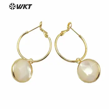 WT-MPE035 Mode guld galvaniseret runde shell charme øreringe kvinder, rund facetteret shell øreringe til bryllup øreringe