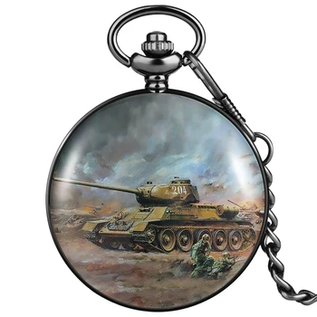 Dreng Pocket Watch World War II Tank Mønster Kvarts Nummer Ringe til Jævn Dækning Tyk Kæde Vedhæng Dekorationer Flip Tilfælde Ur Gaver