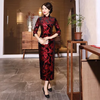 Classic Kvinder Orientalsk Bryllup Mandarin Collar Velvet Kinesisk Qipao Kjole Formel Part Kjoler, Blomst Vintage Lang Vestidos