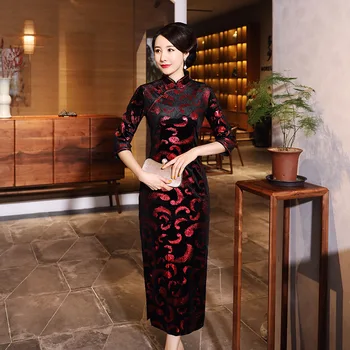Classic Kvinder Orientalsk Bryllup Mandarin Collar Velvet Kinesisk Qipao Kjole Formel Part Kjoler, Blomst Vintage Lang Vestidos