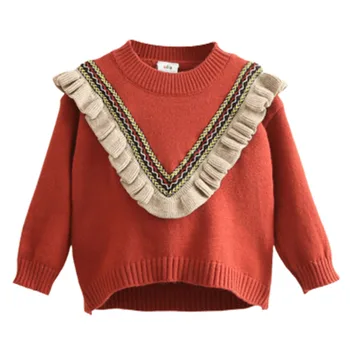 2020 Efterår Forår børnetøj O-Neck Knitted Pullover Bomuld Flæser Patchwork Kids Baby Piger Sweater For 2-12Years 18088