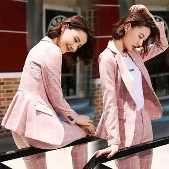 Smart lille habitjakke kvindelige 2019 efteråret nye koreanske mode plaid, der passer jakke + bukser pink plaid