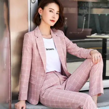 Smart lille habitjakke kvindelige 2019 efteråret nye koreanske mode plaid, der passer jakke + bukser pink plaid