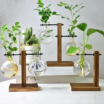 Tabel Bruser Pære Glas Hydroponiske Vase Blomst Plante Potten med Træ-Bakke Kontor Indretning TN99