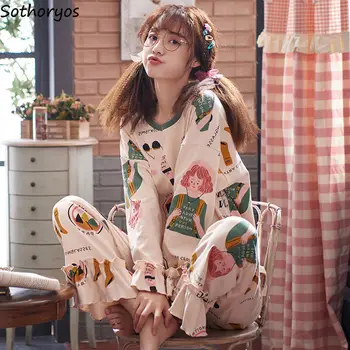 Pyjamas Sæt Kvinder Fritids-Kawaii Piger Pjusket Bue Printed Nattøj koreansk Stil Nattøj Blød Hud-venlige Efteråret Home Wear