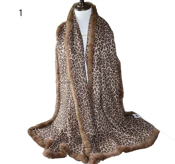Sexet Leopard Dot tørklæde med fast rex kanin pels trimmet Sjal Tørklæde Efterår og Vinter Wraps og Tørklæder Damer Mode uld F112
