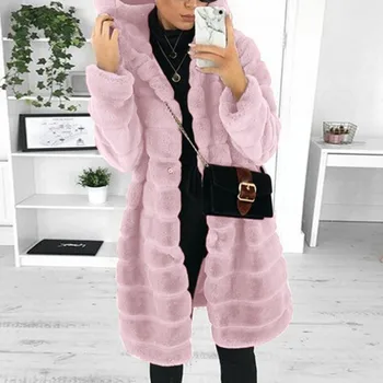 Plus Size Kvinde Mode Bamse Pels Vinter Blive Varm Fluffy Jakker Dame Faux Fur Outwear Lang Hoody Hår Varme Frakker