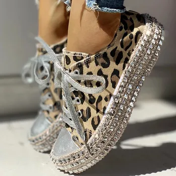 Sexet Leopard High Top Sneakers Kvinder Mode Omkranset Nitte Lejligheder Lærred Sko Kvinde Efteråret Platform Damer Afslappet Shoes559