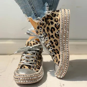 Sexet Leopard High Top Sneakers Kvinder Mode Omkranset Nitte Lejligheder Lærred Sko Kvinde Efteråret Platform Damer Afslappet Shoes559