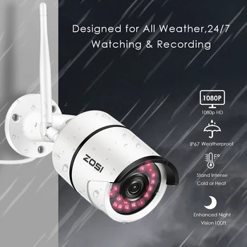 ZOSI WiFi Udendørs IP-Kamera, 1080p HD Vandtæt 2,0 MP Trådløs Sikkerhed Kamera Metal TF Card Record P2P-Video Overvågning