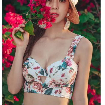 2019 koreansk Japansk Kvinder Floral To Stykker Tankini Badetøj Retro Høj Talje, Sexede Bikini sæt Blonder Skulder Maillot de bain