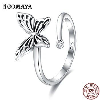 GOMAYA 925 Sterling Sølv Gennembrudt Butterfly Ringe Til Kvinder Cubic Zircon Sølv Justerbar Ring Bryllup Smykker Nye Ankomst