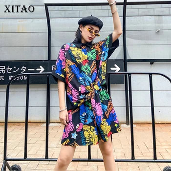 XITAO Brev Print Patchwork To delt Sæt Kvinder Løs Mode Elastisk Talje Personlighed 2020 Nye Sommer Streetwear ZP2036 1834