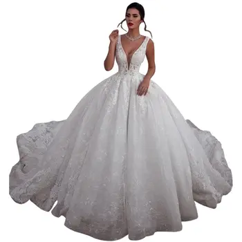 Luksus Lace Prinsesse Bryllup Kjoler 2021 V-Hals, Ryg-Ball Gown Domstol Tog Arabisk Vestidos De Noiva Robe De Mariage 18377