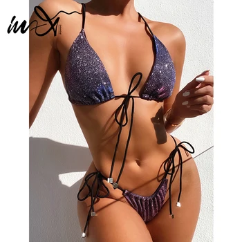 I-X Brasilianske Trekant badedragt kvinder Shiny bikini 2020 High cut biquini Halterneck string badetøj kvindelige Folder badedragt ny