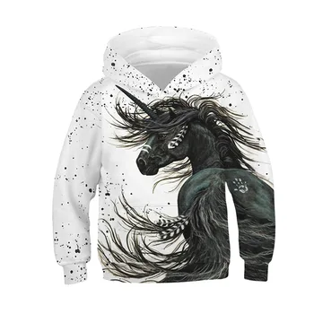 Hvide Hest Unicorn Hoodie Sweatshirt Hætte Dragt Med Lange Ærmer Piger Hættetrøjer Børn Streetwear Falde Afslappet Lille Dreng, Pige Tøj